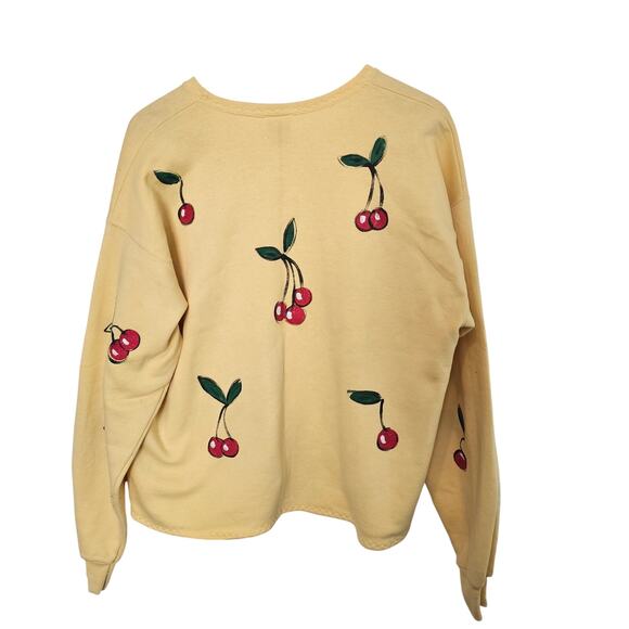 Vintage Cherry Cardigan Womens Large Yellow Red Handmade Granny Sweater Cottage - Picture 2 of 9